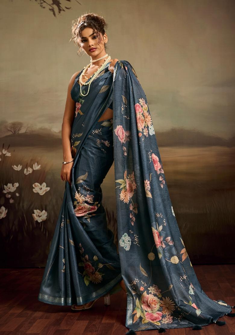 Blue Printed Jacquard Saree Set - Indya