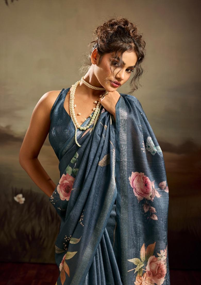 Blue Printed Jacquard Saree Set - Indya