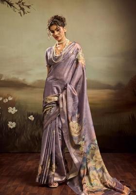 Purple Printed Jacquard Saree Set