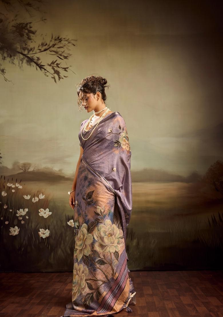 Purple Printed Jacquard Saree Set - Indya