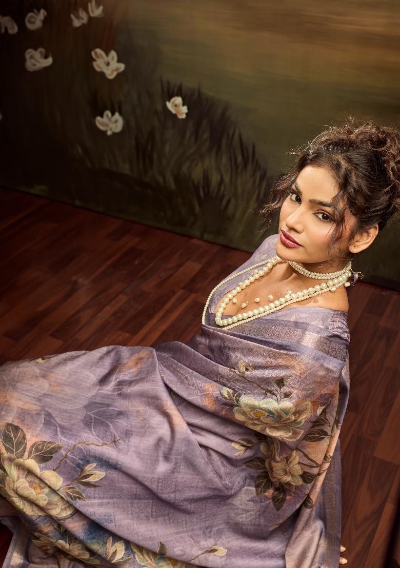 Purple Printed Jacquard Saree Set - Indya