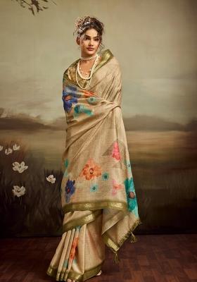 Beige Printed Jacquard Saree Set