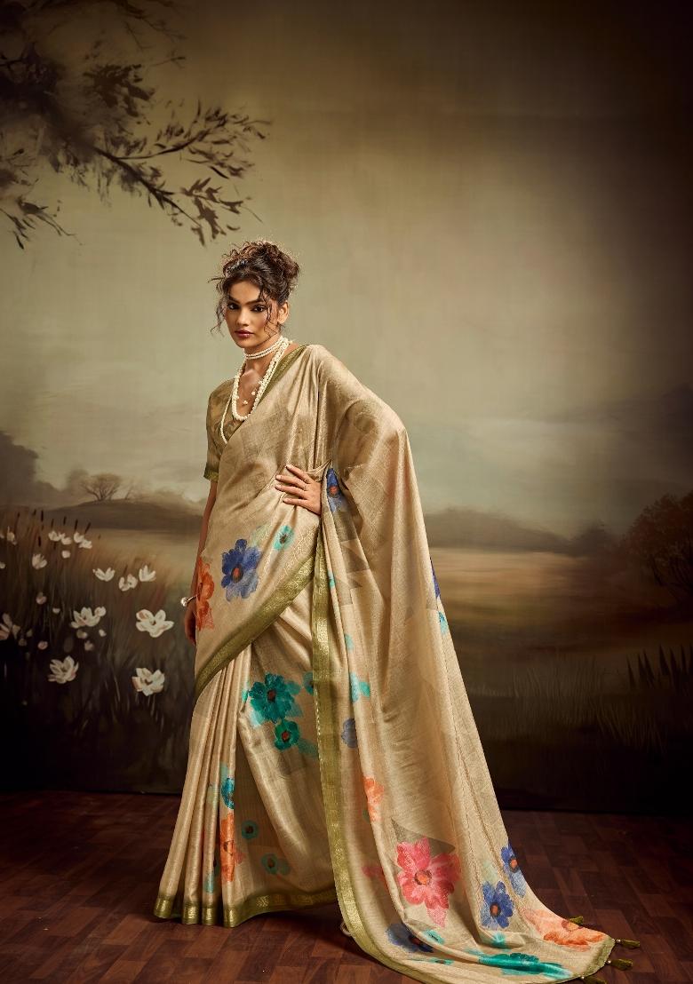 Beige Printed Jacquard Saree Set - Indya