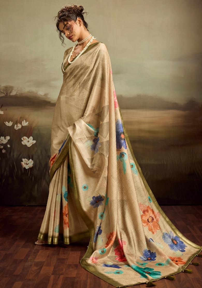 Beige Printed Jacquard Saree Set - Indya