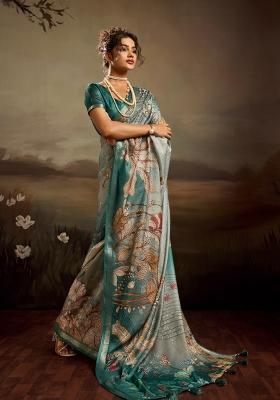 Aqua Green Printed Jacquard Saree Set