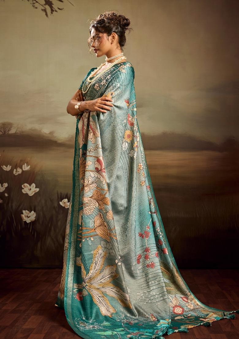 Aqua Green Printed Jacquard Saree Set - Indya