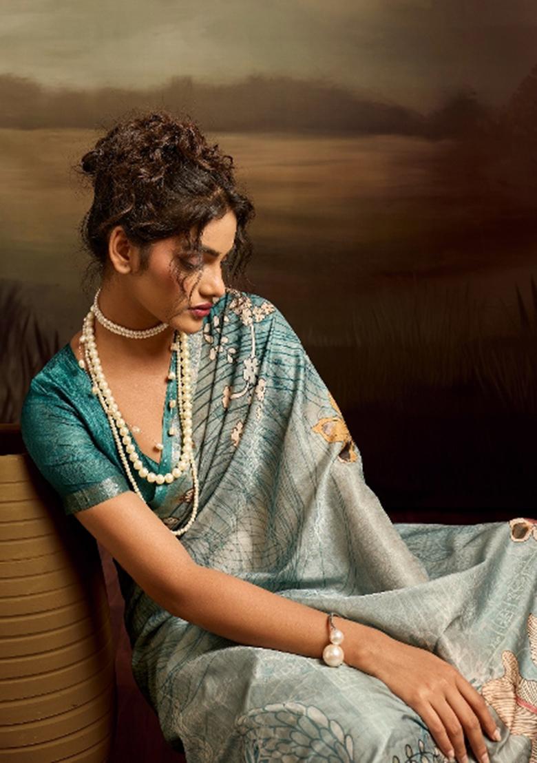 Aqua Green Printed Jacquard Saree Set - Indya