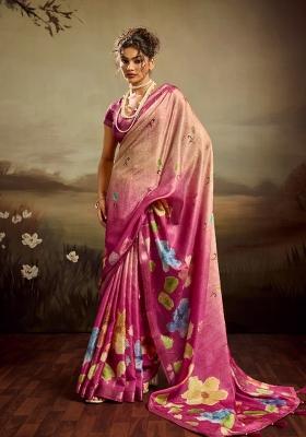 Rose Pink Printed Jacquard Saree Set