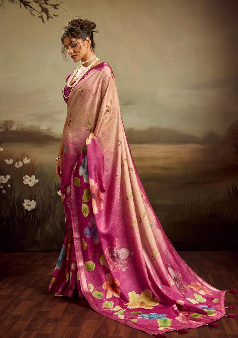 Rose Pink Printed Jacquard Saree Set - Indya