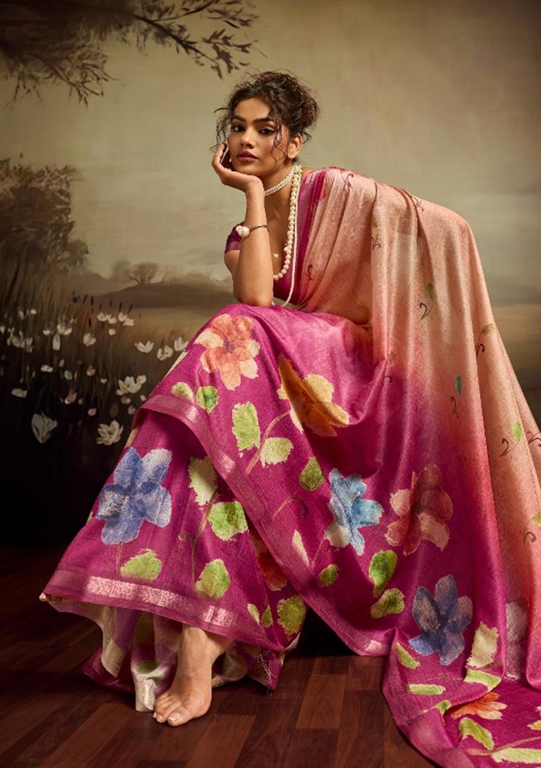 Rose Pink Printed Jacquard Saree Set - Indya