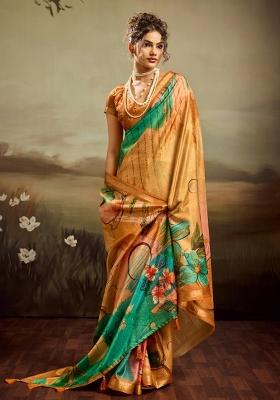 Mustard Printed Jacquard Saree Set