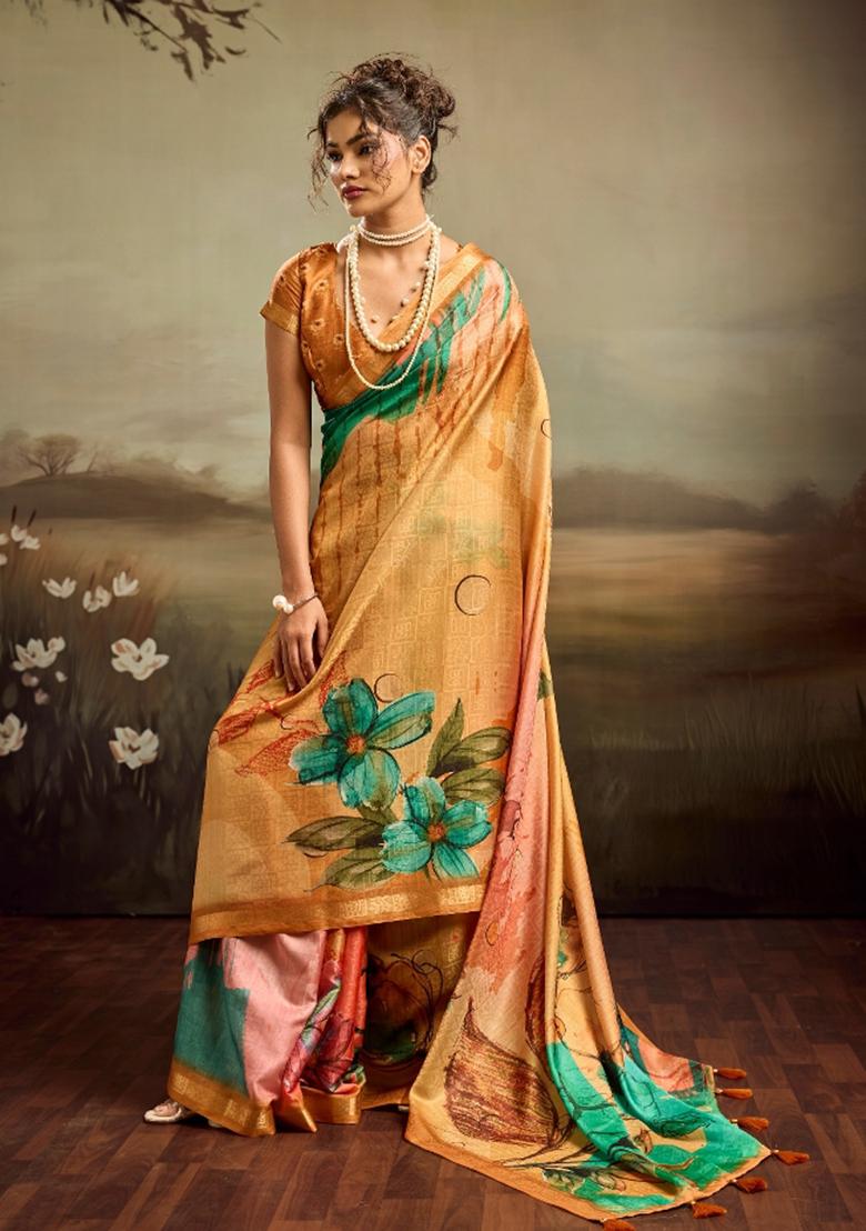 Mustard Printed Jacquard Saree Set - Indya