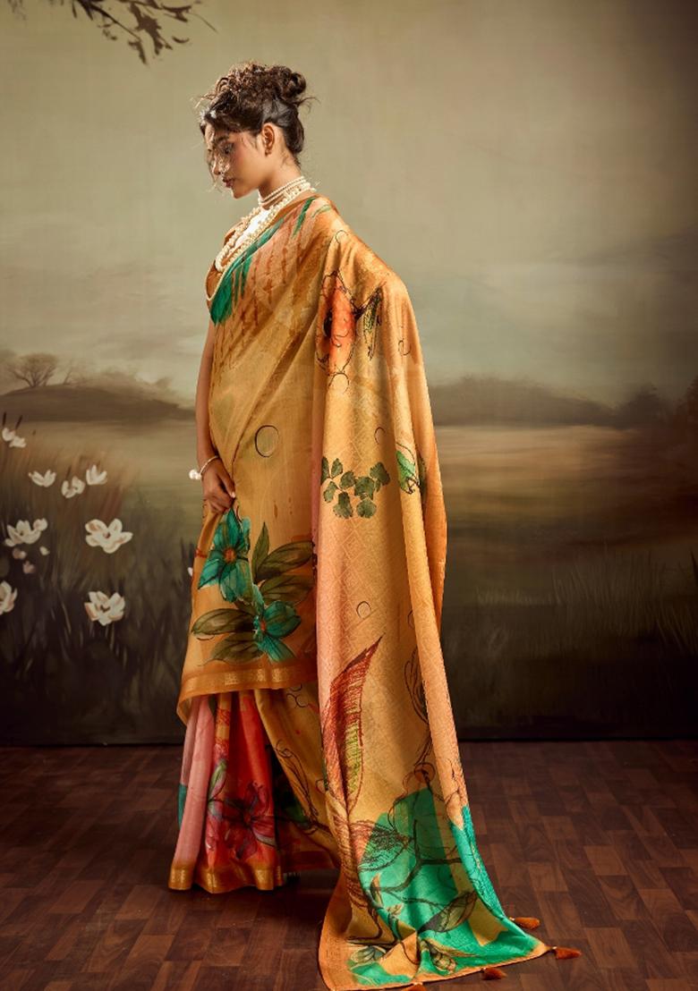 Mustard Printed Jacquard Saree Set - Indya