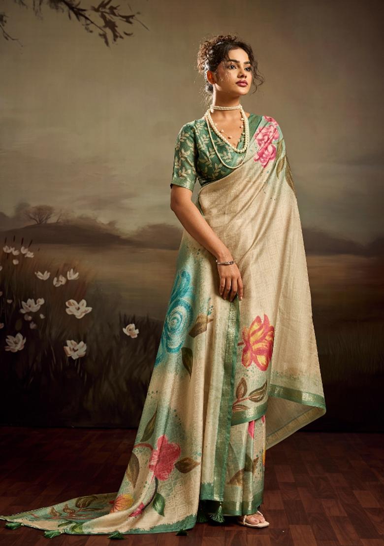 Light Green Printed Jacquard Saree Set - Indya