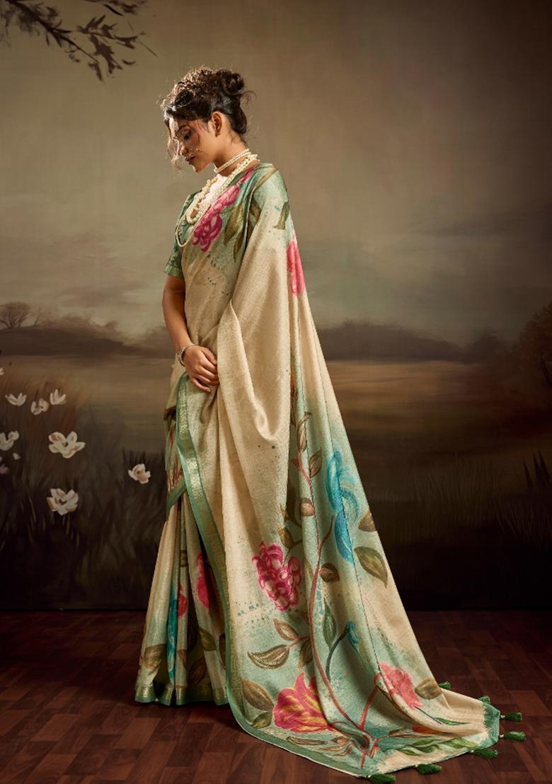 Light Green Printed Jacquard Saree Set - Indya
