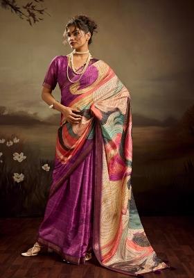 Purple Printed Jacquard Saree Set