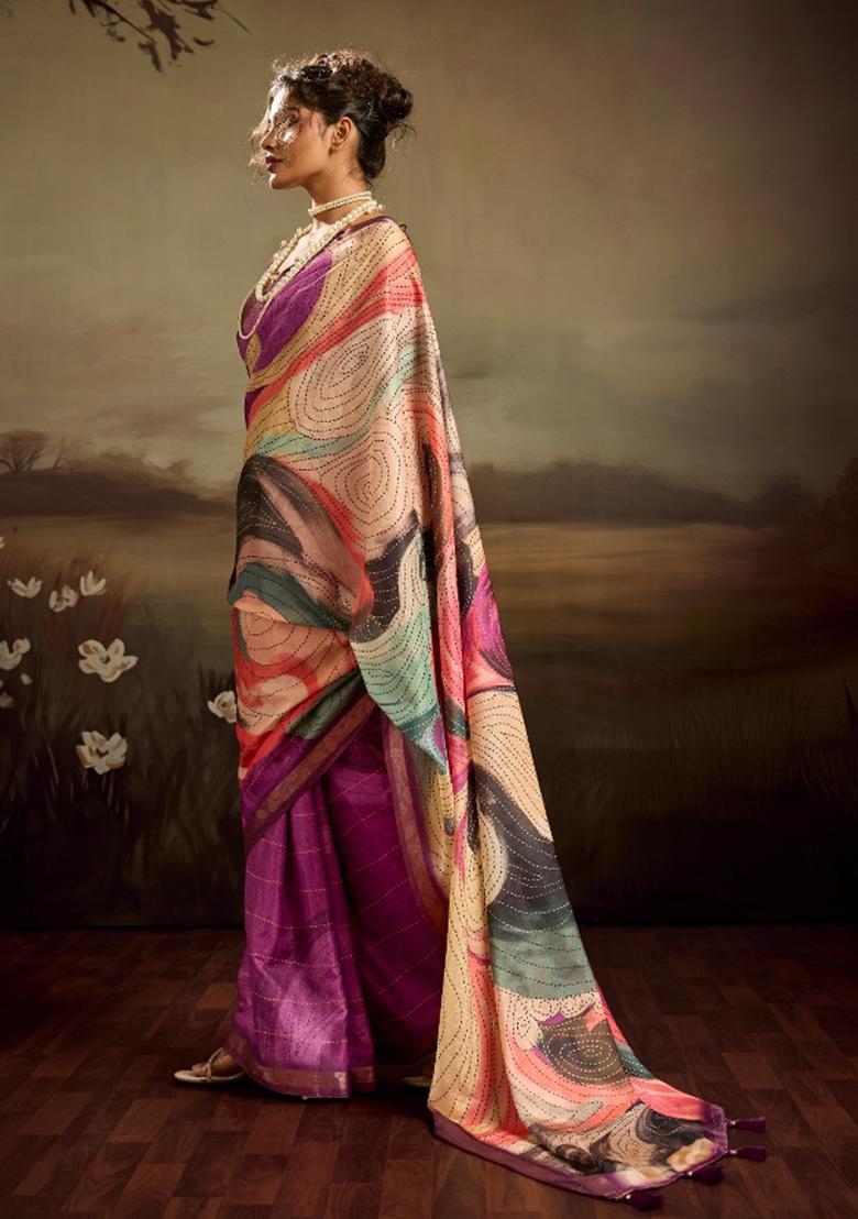 Purple Printed Jacquard Saree Set - Indya