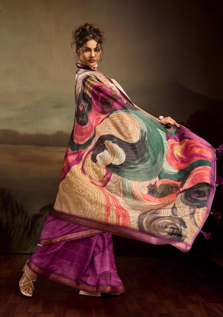 Purple Printed Jacquard Saree Set - Indya