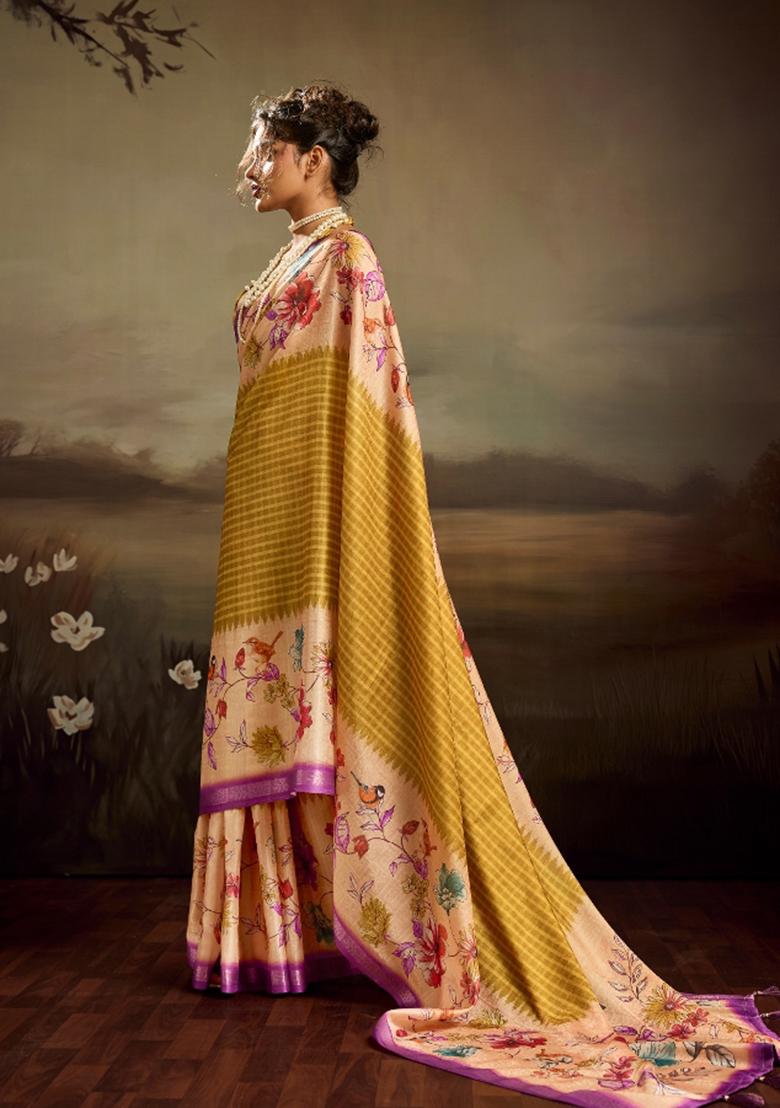 Beige Printed Jacquard Saree Set - Indya