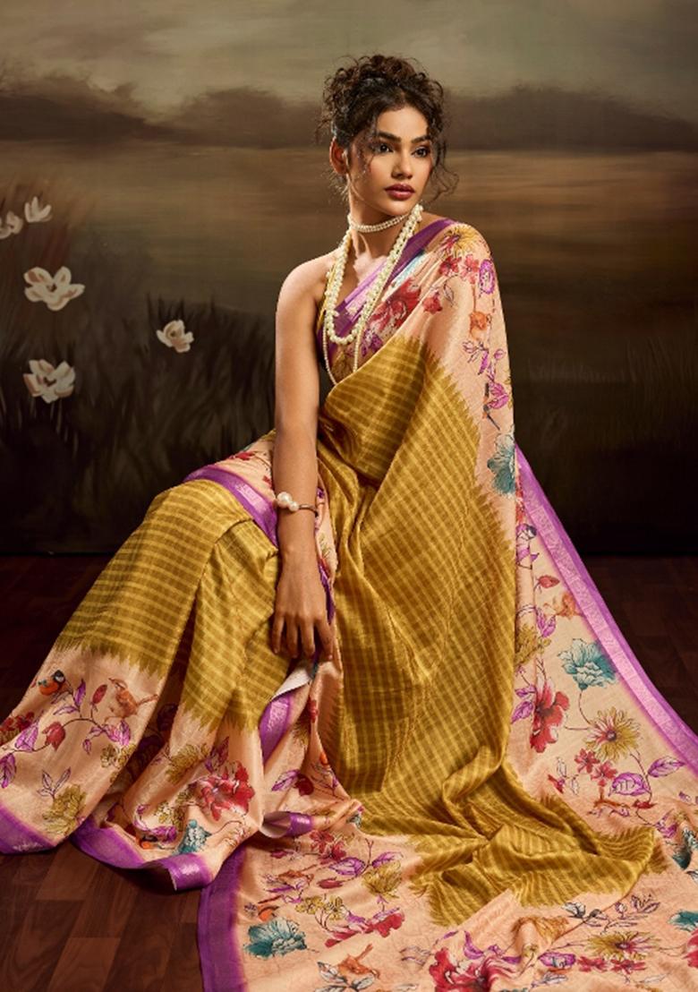 Beige Printed Jacquard Saree Set - Indya