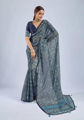 Blue Sequin Work Chiffon Saree Set