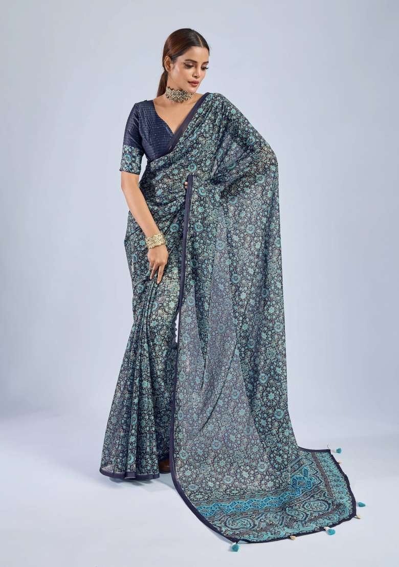 Blue Sequin Work Chiffon Saree Set - Indya