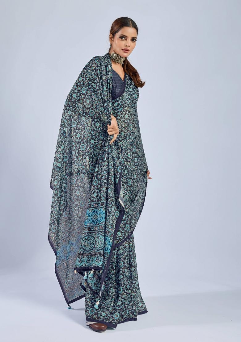 Blue Sequin Work Chiffon Saree Set - Indya