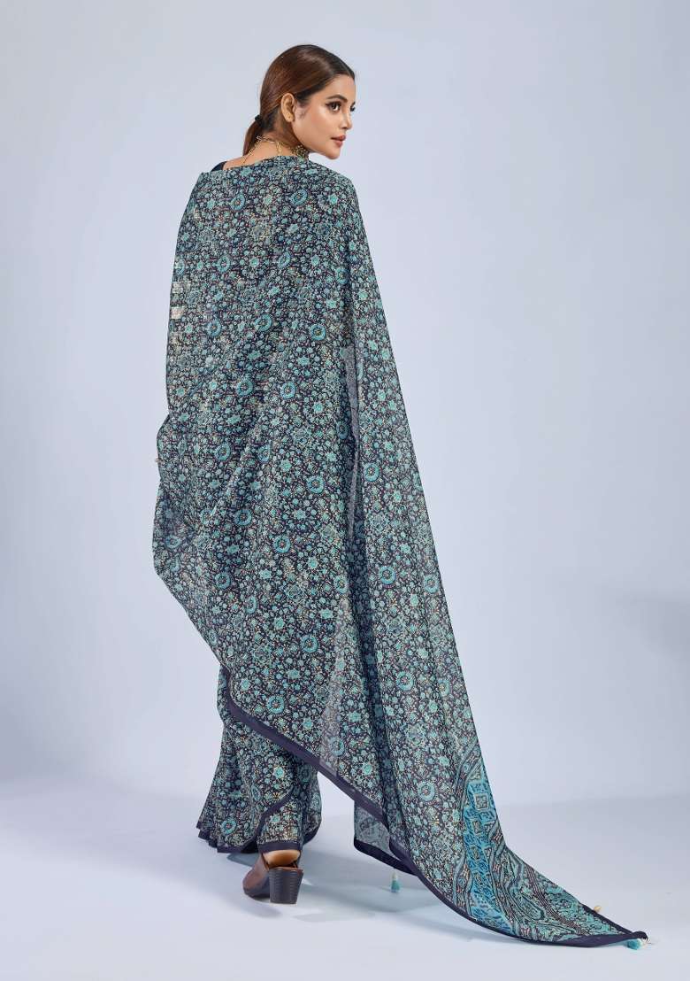 Blue Sequin Work Chiffon Saree Set - Indya