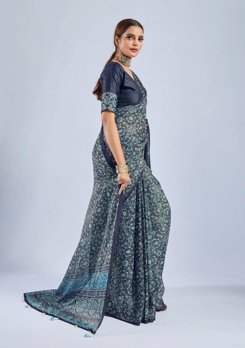 Blue Sequin Work Chiffon Saree Set - Indya