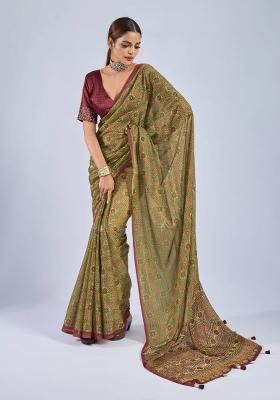 Mustard Sequin Work Chiffon Saree Set