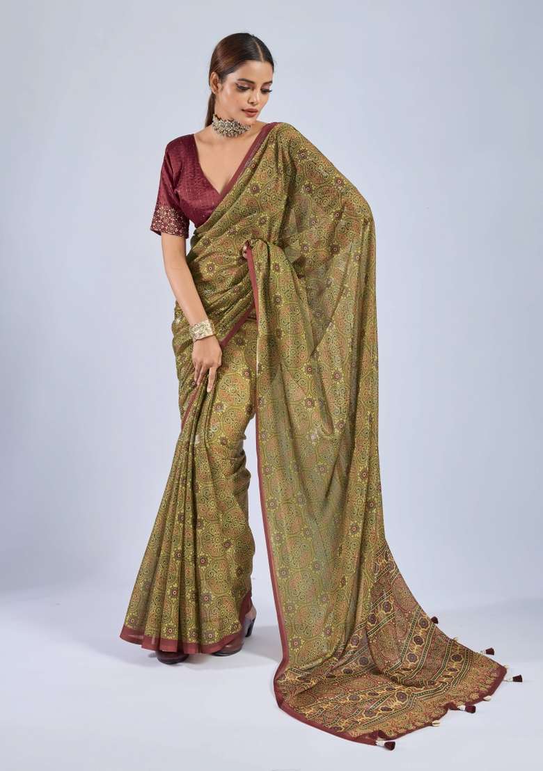 Mustard Sequin Work Chiffon Saree Set - Indya