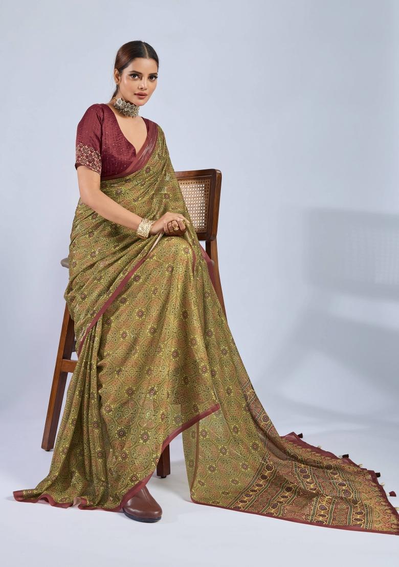 Mustard Sequin Work Chiffon Saree Set - Indya