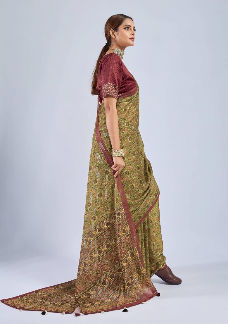 Mustard Sequin Work Chiffon Saree Set - Indya