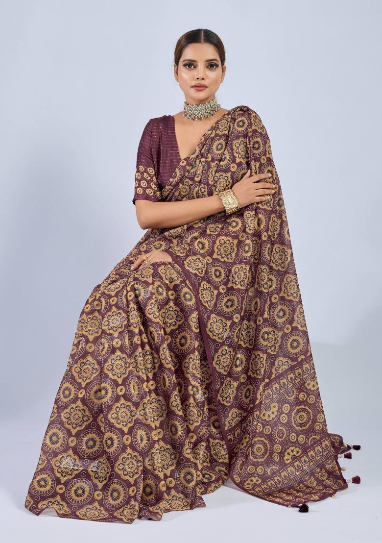 Maroon Sequin Work Chiffon Saree Set - Indya