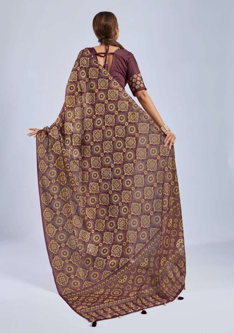 Maroon Sequin Work Chiffon Saree Set - Indya