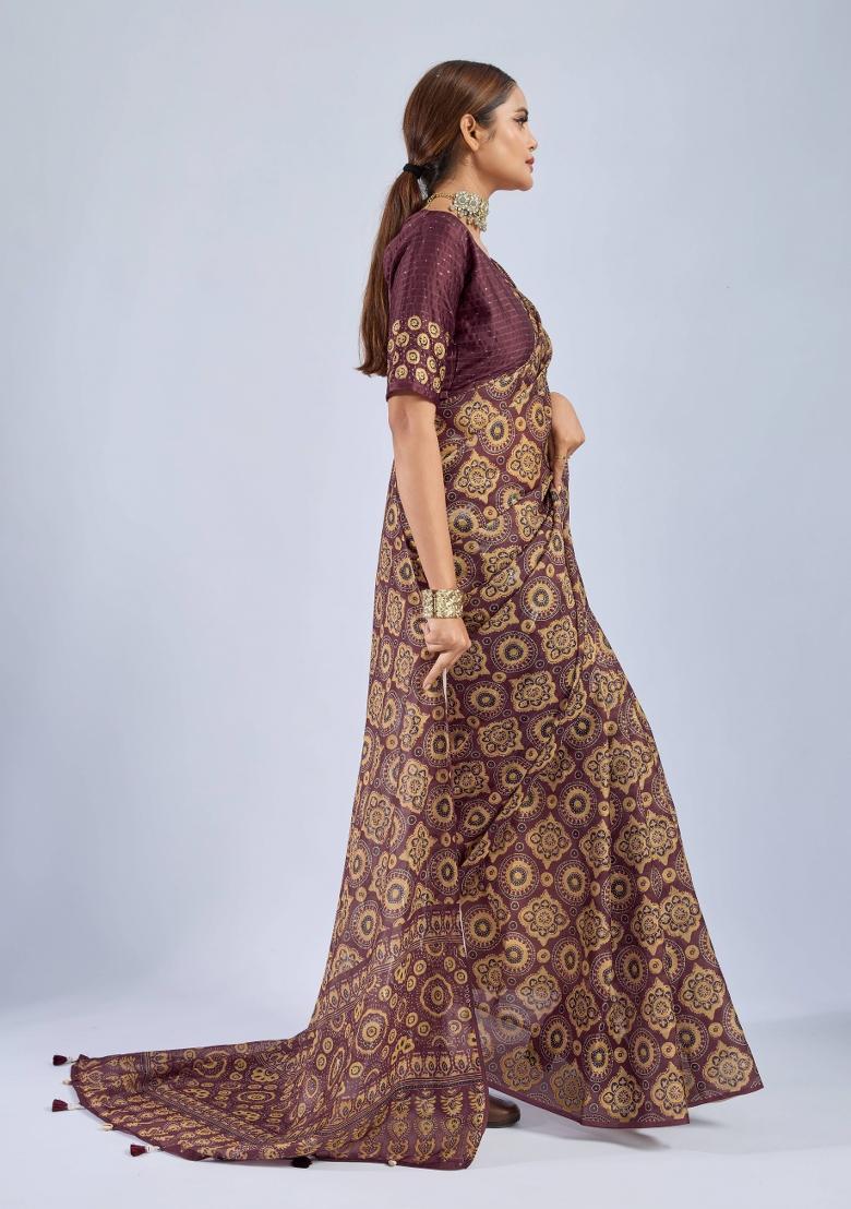 Maroon Sequin Work Chiffon Saree Set - Indya