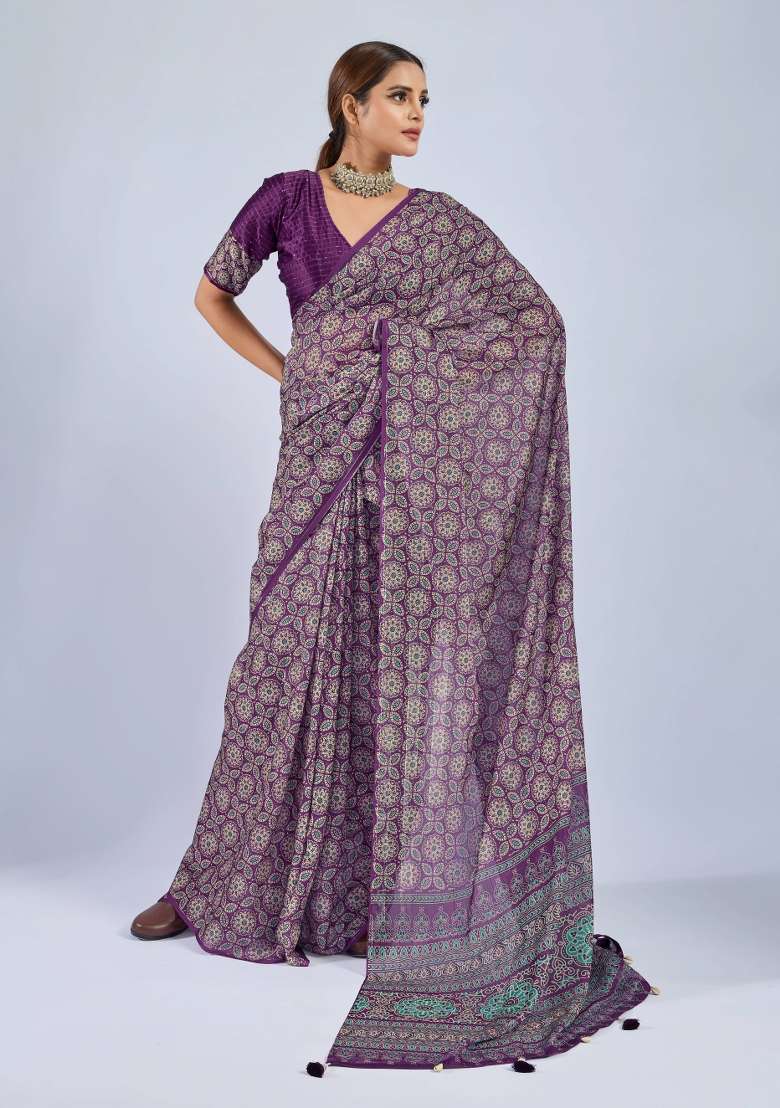 Purple Sequin Work Chiffon Saree Set - Indya