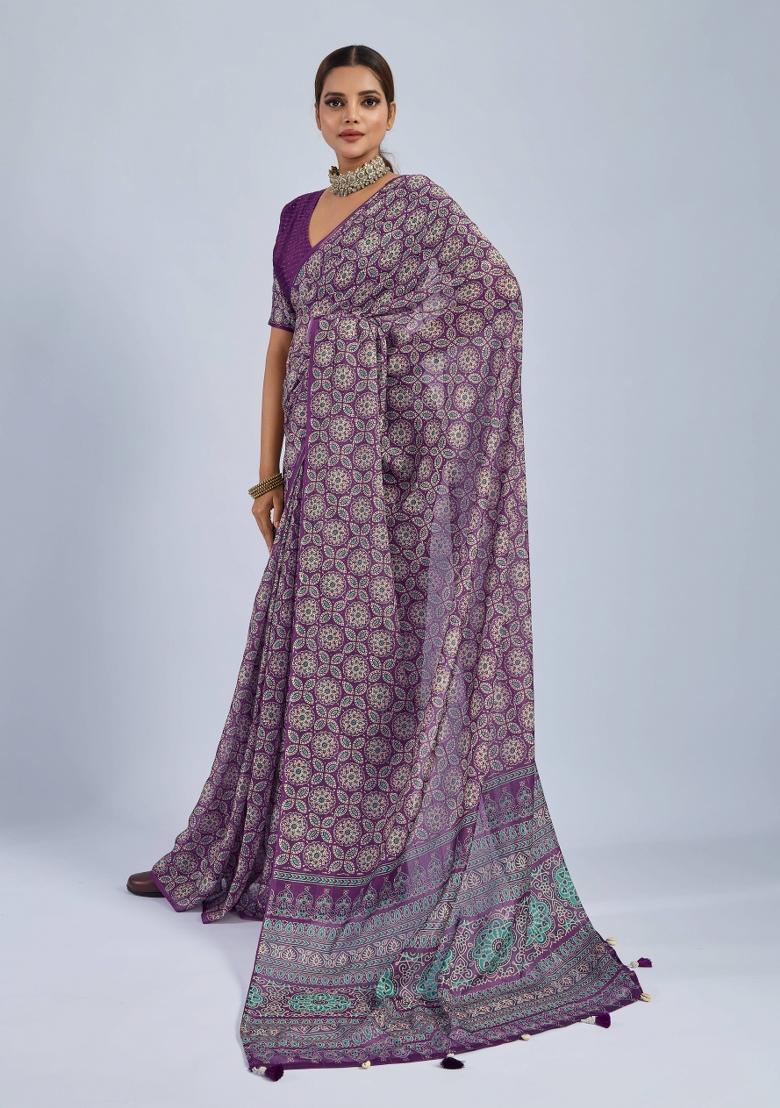 Purple Sequin Work Chiffon Saree Set - Indya