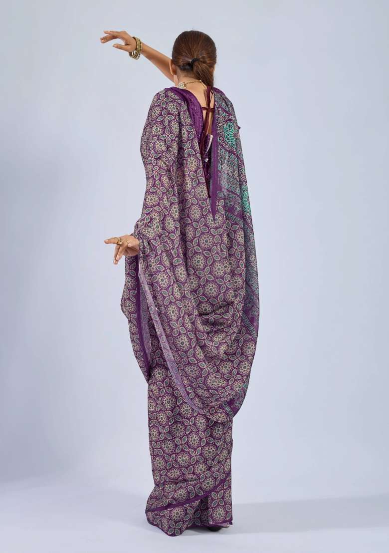 Purple Sequin Work Chiffon Saree Set - Indya