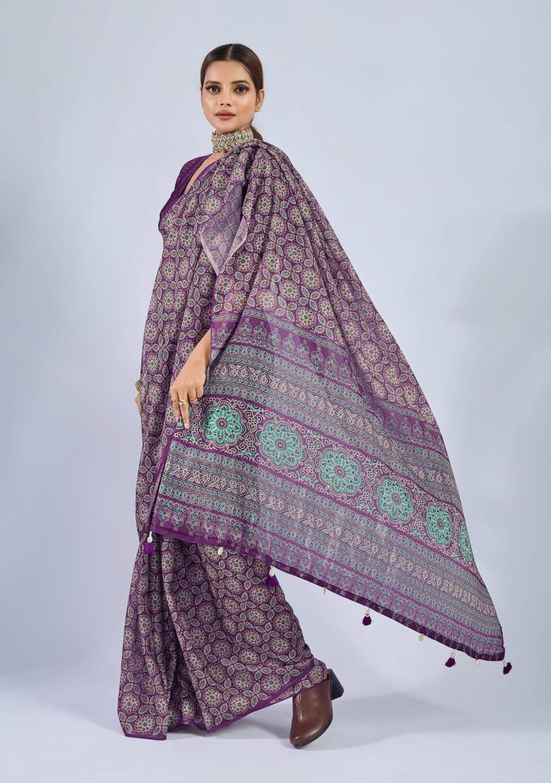 Purple Sequin Work Chiffon Saree Set - Indya