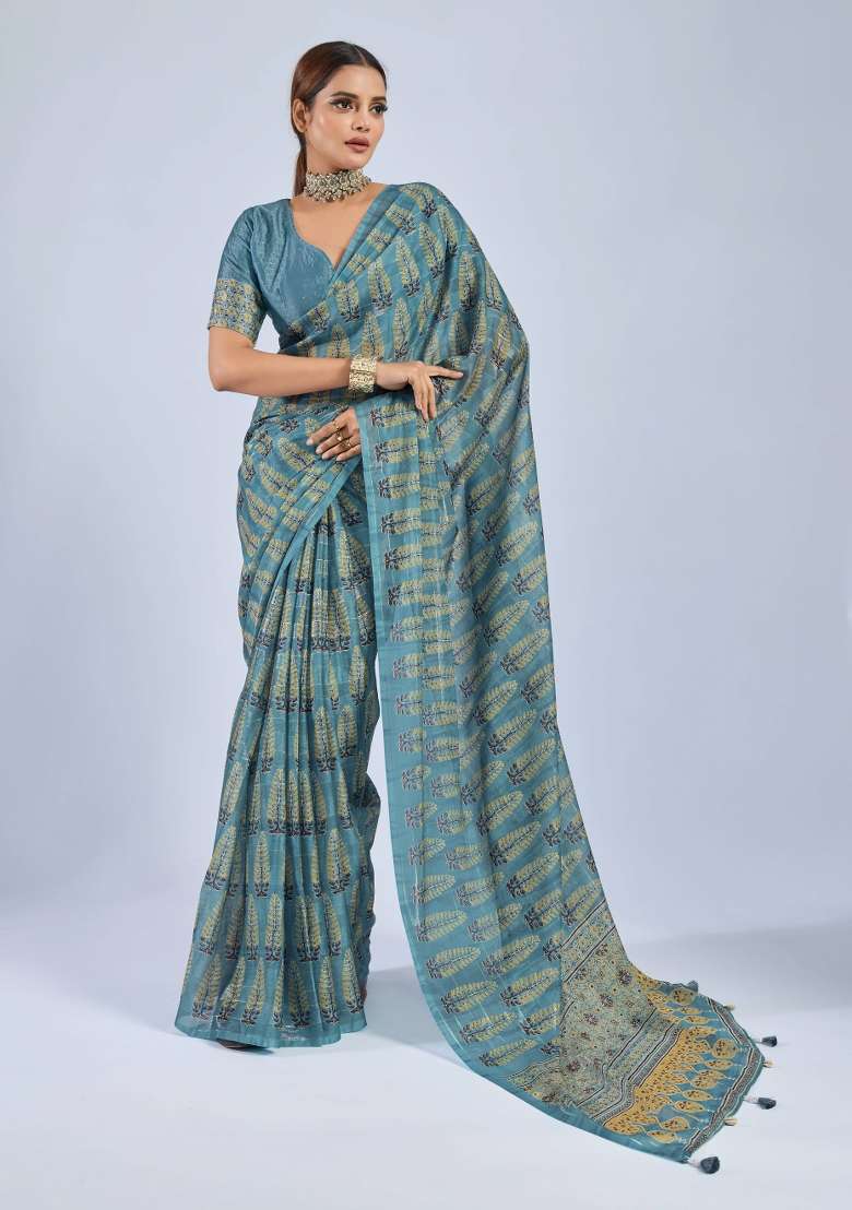 Blue Sequin Work Chiffon Saree Set - Indya