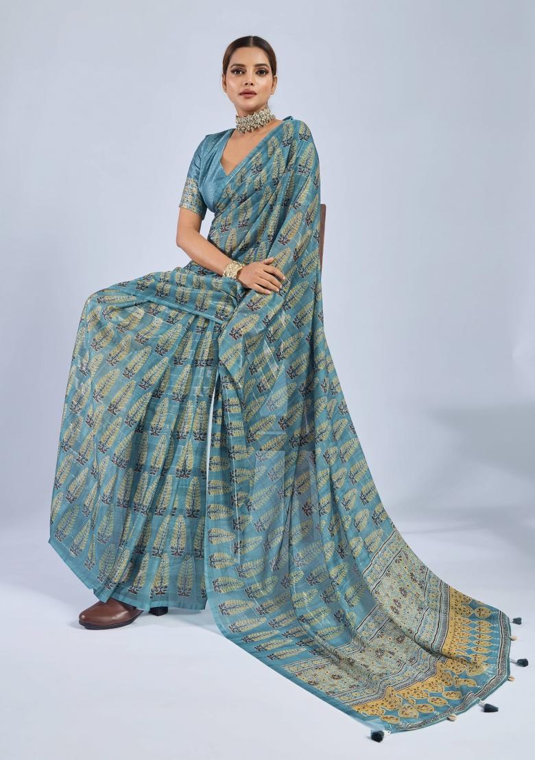 Blue Sequin Work Chiffon Saree Set - Indya