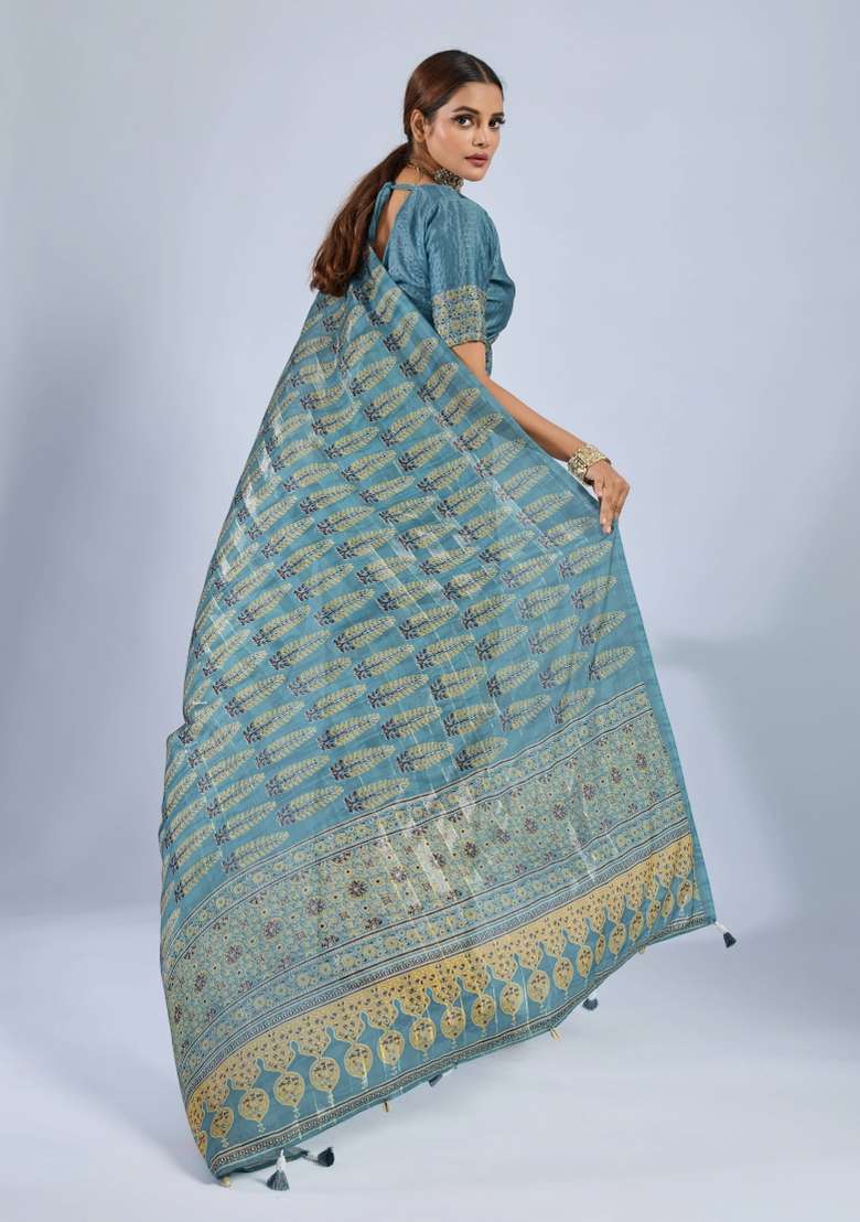 Blue Sequin Work Chiffon Saree Set - Indya