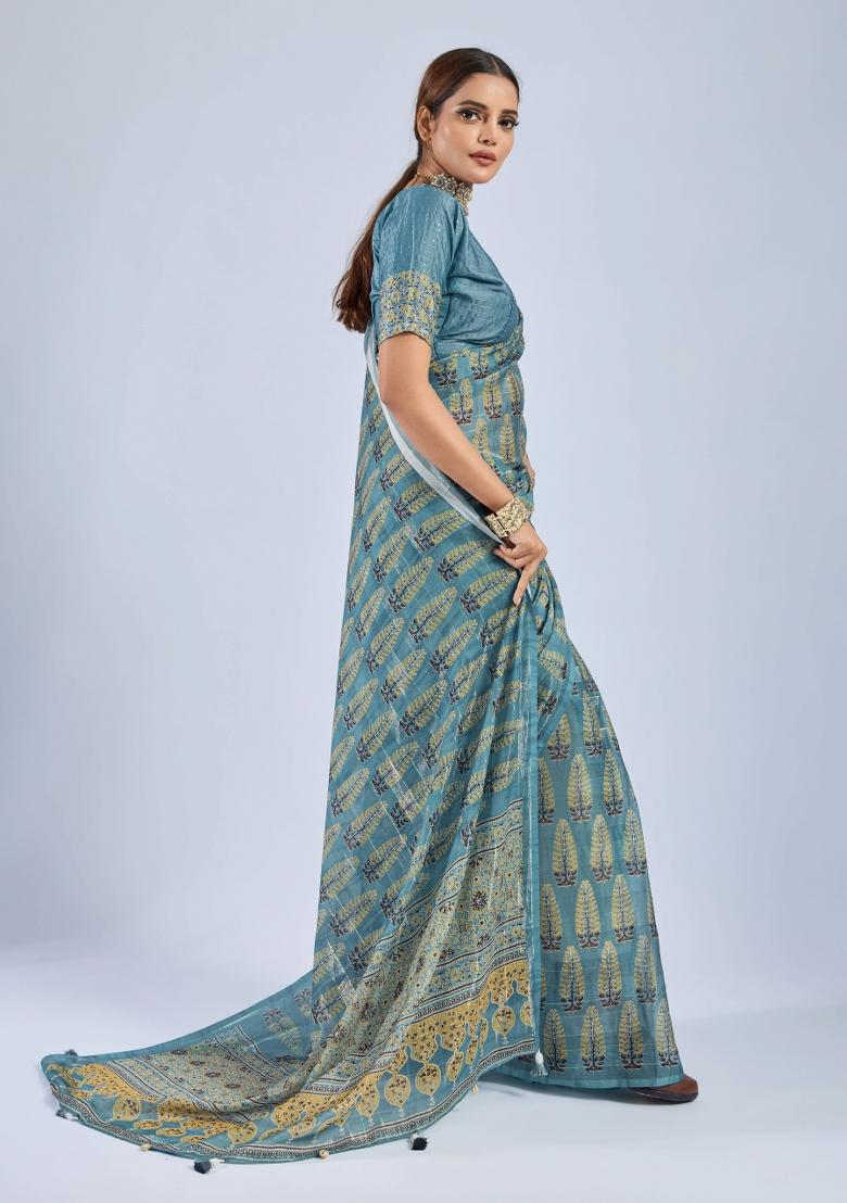 Blue Sequin Work Chiffon Saree Set - Indya