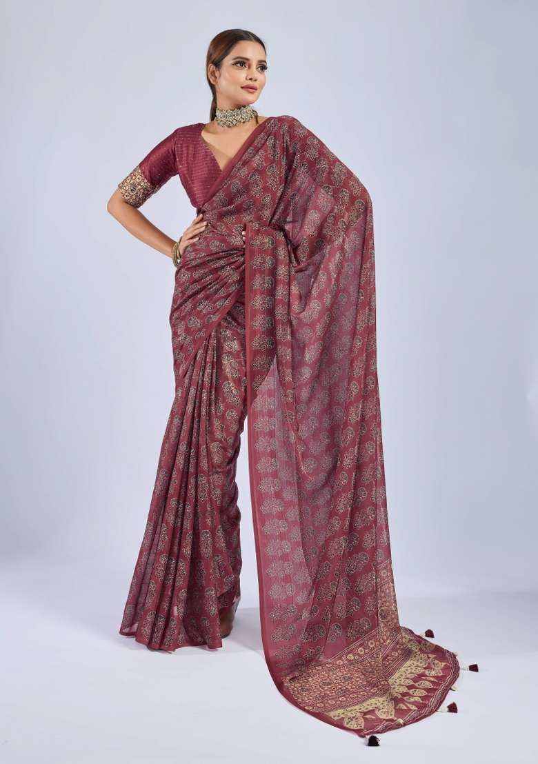 Maroon Sequin Work Chiffon Saree Set - Indya