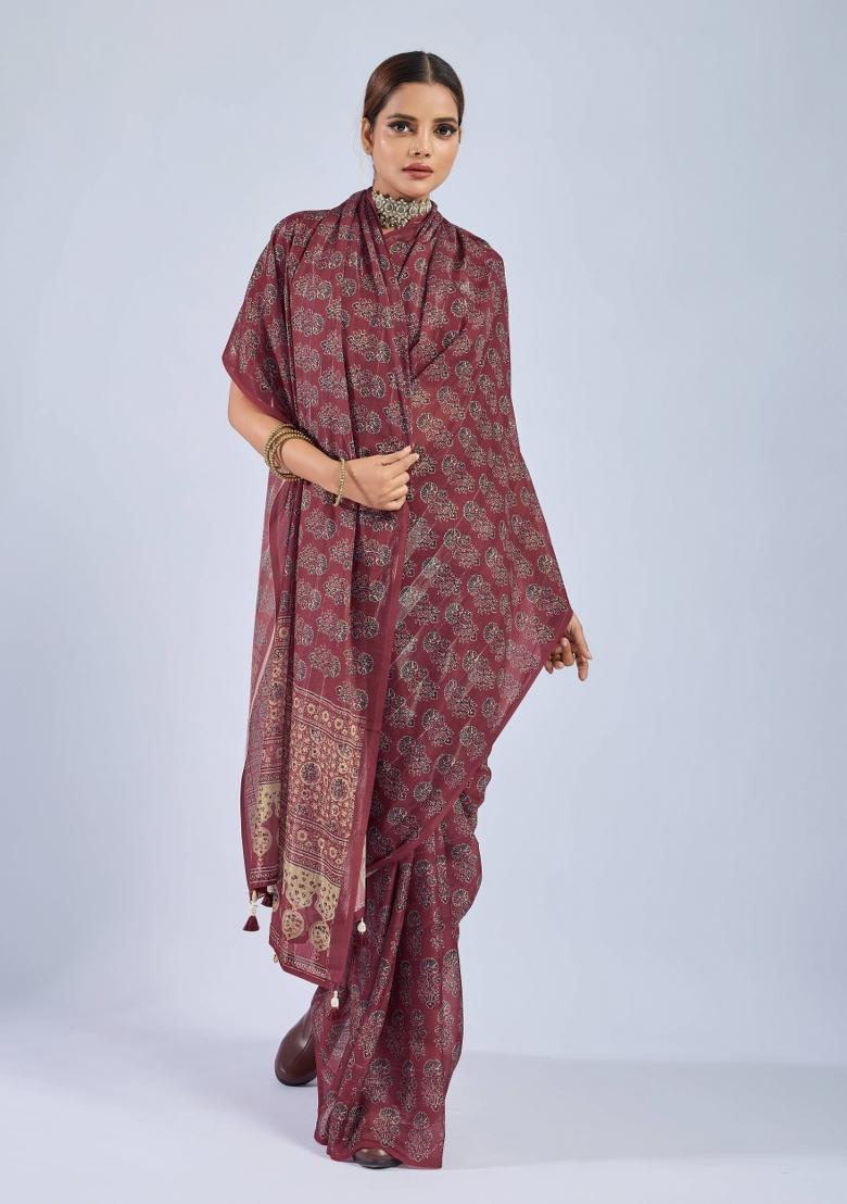 Maroon Sequin Work Chiffon Saree Set - Indya