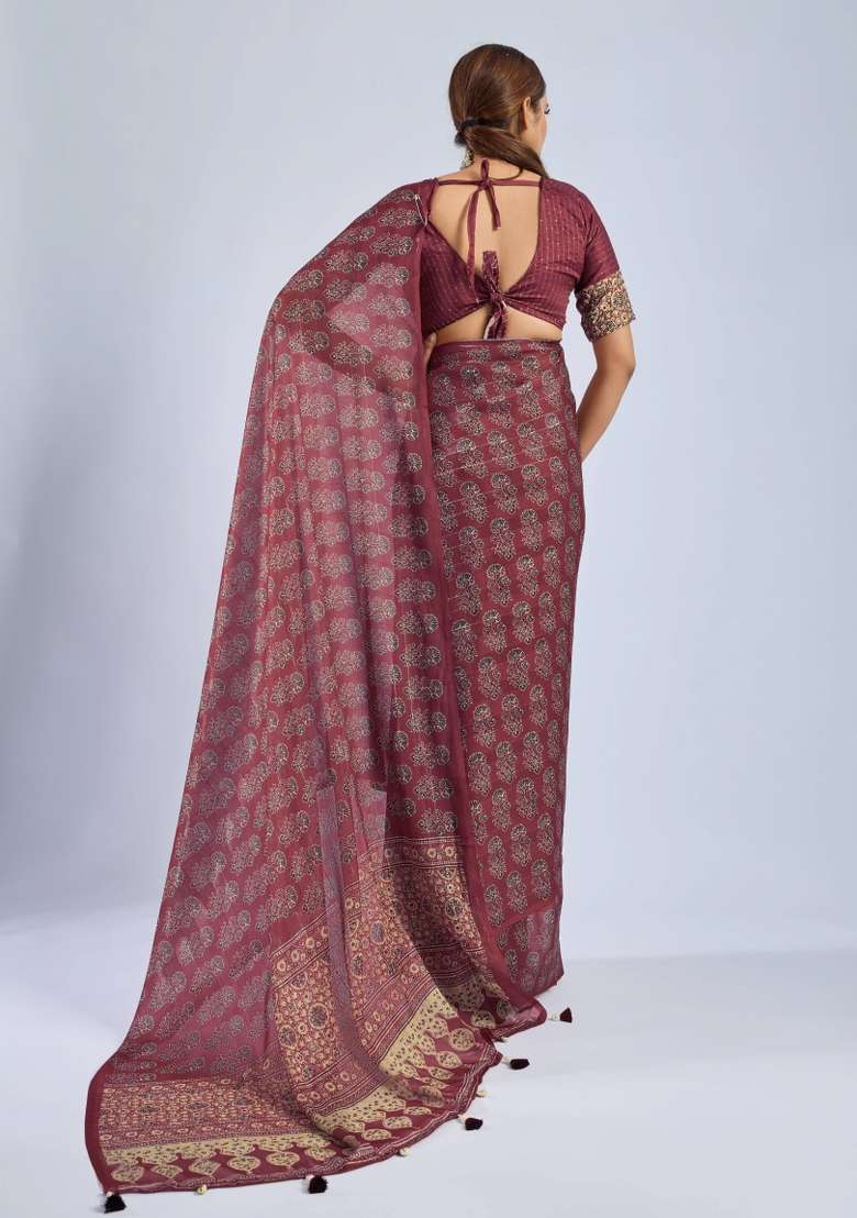 Maroon Sequin Work Chiffon Saree Set - Indya