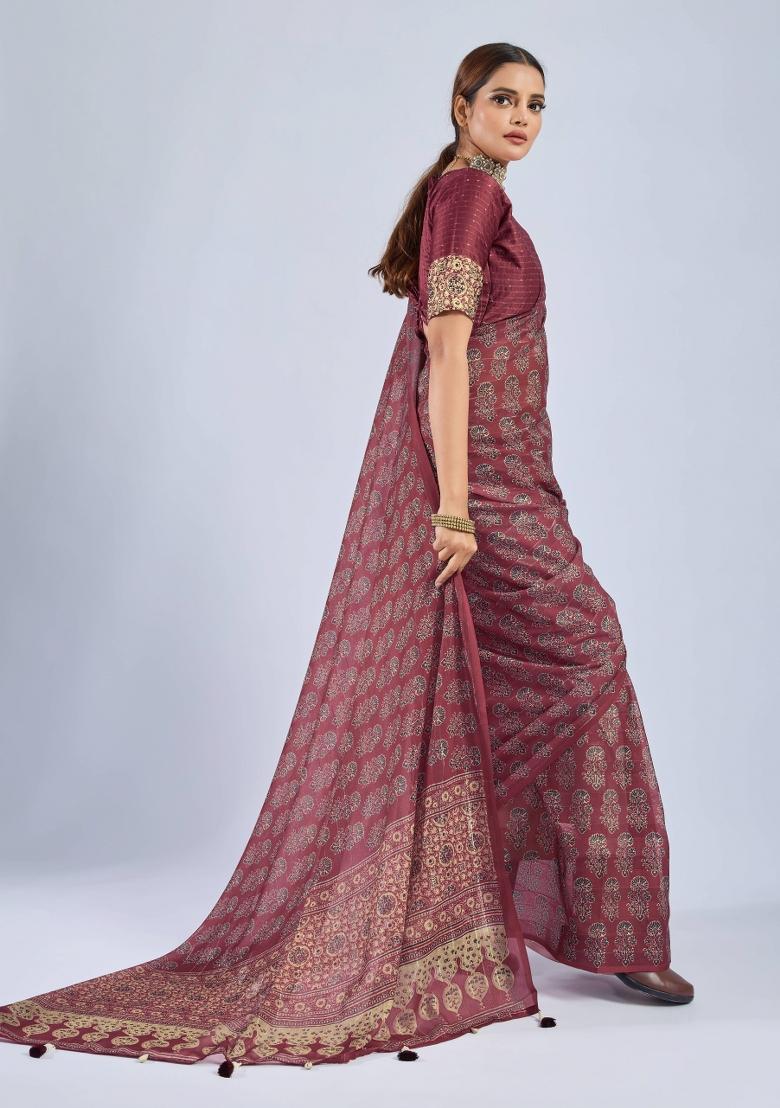 Maroon Sequin Work Chiffon Saree Set - Indya
