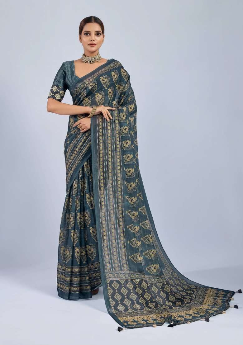 Green Sequin Work Chiffon Saree Set - Indya