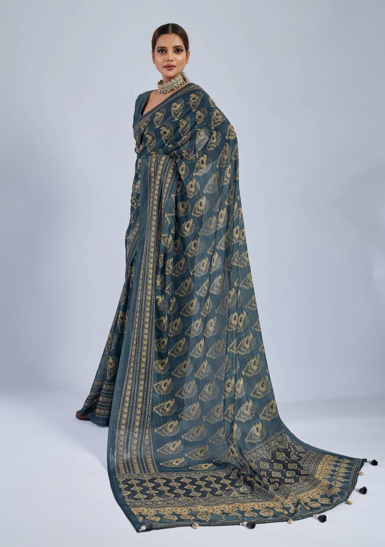 Green Sequin Work Chiffon Saree Set - Indya